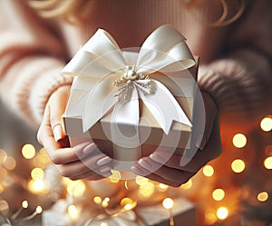 Close-up of hands gently holding a gift wrapped with a white ribbon, with warm golden festive lights in the background