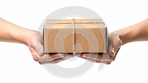 Close up of hands giving cardboard box isolated on white background. Generative AI.