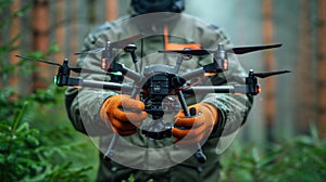 Close up of hands in gloves operating a professional drone in the forest