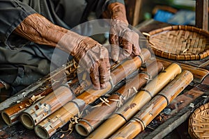 Close-up of the hands of a handicraftsman making bamboo weaving. Ai generated