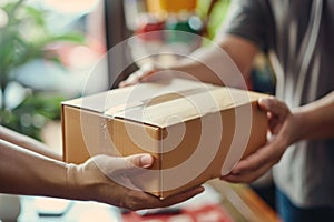 Close up of hands handing over cardboard box to delivery man