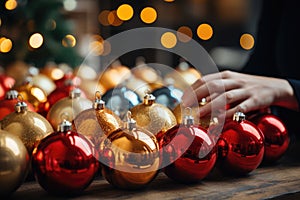 Close-up of hands hanging ornaments on a festive tree S - stock photography concepts photo