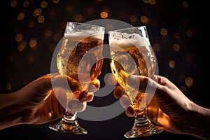 Close-up hands of holding beer glasses and beer bubbles. Cheers. Generative ai