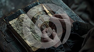 Close-up of hands holding a cross over an ancient book in dim light. a moment of faith and contemplation captured
