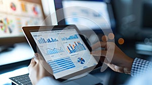 A close-up of hands holding a digital tablet with insight reports displayed, photo
