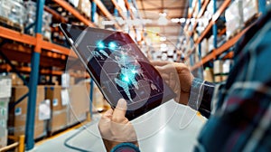 A close-up of hands holding a digital tablet with operations management displayed photo