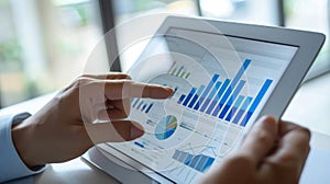 A close-up of hands holding a digital tablet with sales report displayed, photo