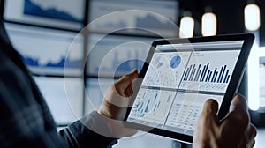 A close-up of hands holding a digital tablet with spreadsheet business\'s photo