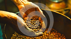Close-up of hands holding freshly roasted coffee beans. Traditional roasting process captured in natural lighting