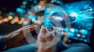 Close-up of hands holding a game controller while playing a racing video game on a large screen with motion blur and