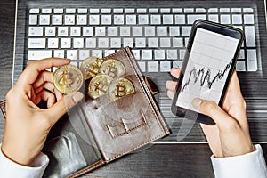 Close-up of hands holding a gold coin bitcoin and smartphone with a schedule. Worldwide cryptocurrency and digital payment concept