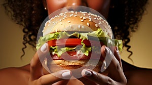 Close up of hands holding mouthwatering burger, about to be devoured with anticipation