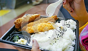 Close up of hands holding plastic plate and spoon. Deep fried chicken cutlet and rice with black sesame seed on plate.