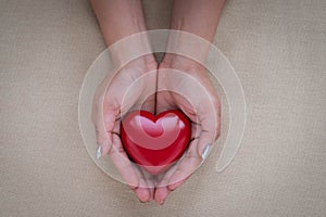 Close-up of hands holding red heart with family insurance, cardiogram and health care.