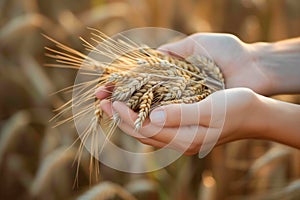 Close-up of hands holding ripe wheat ears in a field, symbolizing agriculture, grain harvest, and the production of