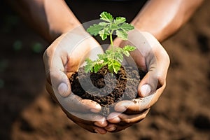 close-up of hands holding soil with a young plant