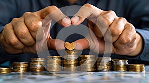 Close up of hands holding stacks of coins, money concept. Man making heart sign with two palms. financial background