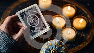 Close-up of hands holding tarot cards, surrounded by lit candles, in a mystical setting