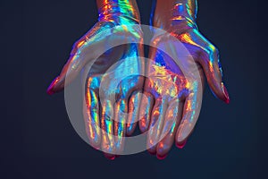 Close up hands with holographic iridescent paint