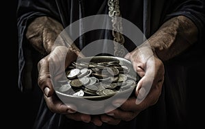 Close-up of the hands of a homeless man asking for help and money. Problems of large modern cities and outskirts