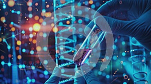 Close-up on hands inserting a glass tube with DNA into a sequencer, demonstrating precision