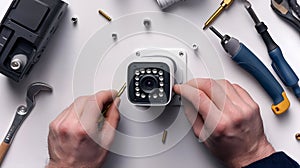 Close-Up of Hands Installing a Security Camera with Various Tools and Accessories on a White Surface, Focusing on the Installation
