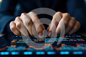 Close-up of hands interacting with a digital financial chart