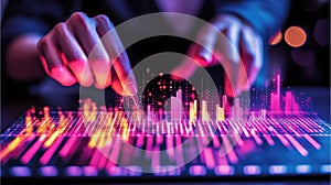 A Close-Up of Hands Interacting with a Futuristic Digital Interface Displaying Vibrant Data Visualizations