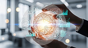 Hands manipulating futuristic digital network globe and data streams in modern office environment