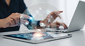 Modern technology interface analysis with digital data streams on tablet and laptop