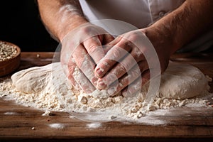 close-up of hands kneading pizza dough on a floury wooden board
