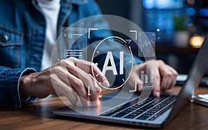 Close-up of hands on a laptop with AI interface and data visualizations appearing, representing artificial intelligence and