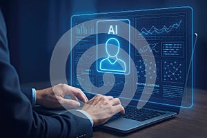 Person interacting with AI machine learning data on a laptop screen Artificial Intelligence computer