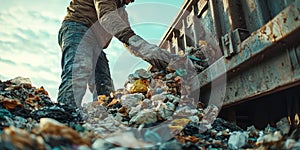 Close-up of hands loading trash into a truck, highlighting the essential aspect of waste disposal. photo