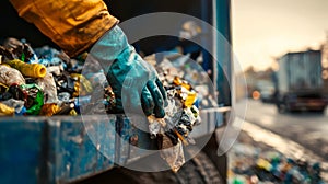 Close-up of hands loading trash into a truck, highlighting the essential aspect of waste disposal. photo