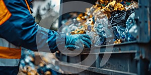 Close-up of hands loading trash into a truck, highlighting the essential aspect of waste disposal. photo
