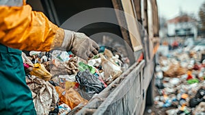 Close-up of hands loading trash into a truck, highlighting the essential aspect of waste disposal. photo