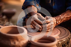 Close-up of hands making clay pots