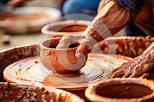 Close-up of hands making clay pots