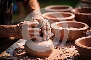 Close-up of hands making clay pots