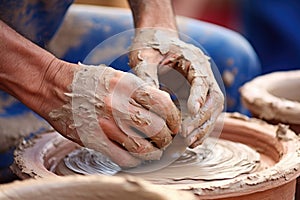 Close-up of hands making clay pots