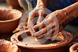 Close-up of hands making clay pots photo