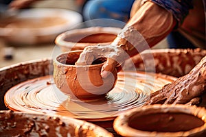 Close-up of hands making clay pots photo