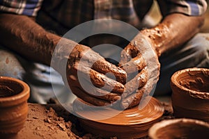 Close-up of hands making clay pots photo