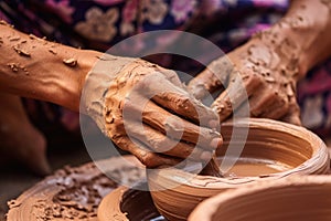 Close-up of hands making clay pots photo