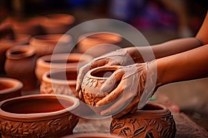 Close-up of hands making clay pots photo