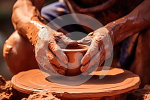 Close-up of hands making clay pots photo