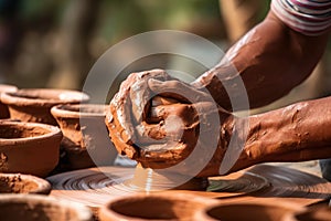 Close-up of hands making clay pots photo