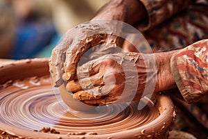 Close-up of hands making clay pots photo