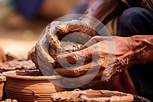 Close-up of hands making clay pots photo